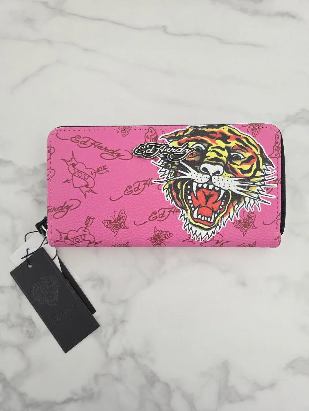 Ed Hardy Tiger Tattoo Pink Vegan Leather Zip Around Wristlet Wallet NWT